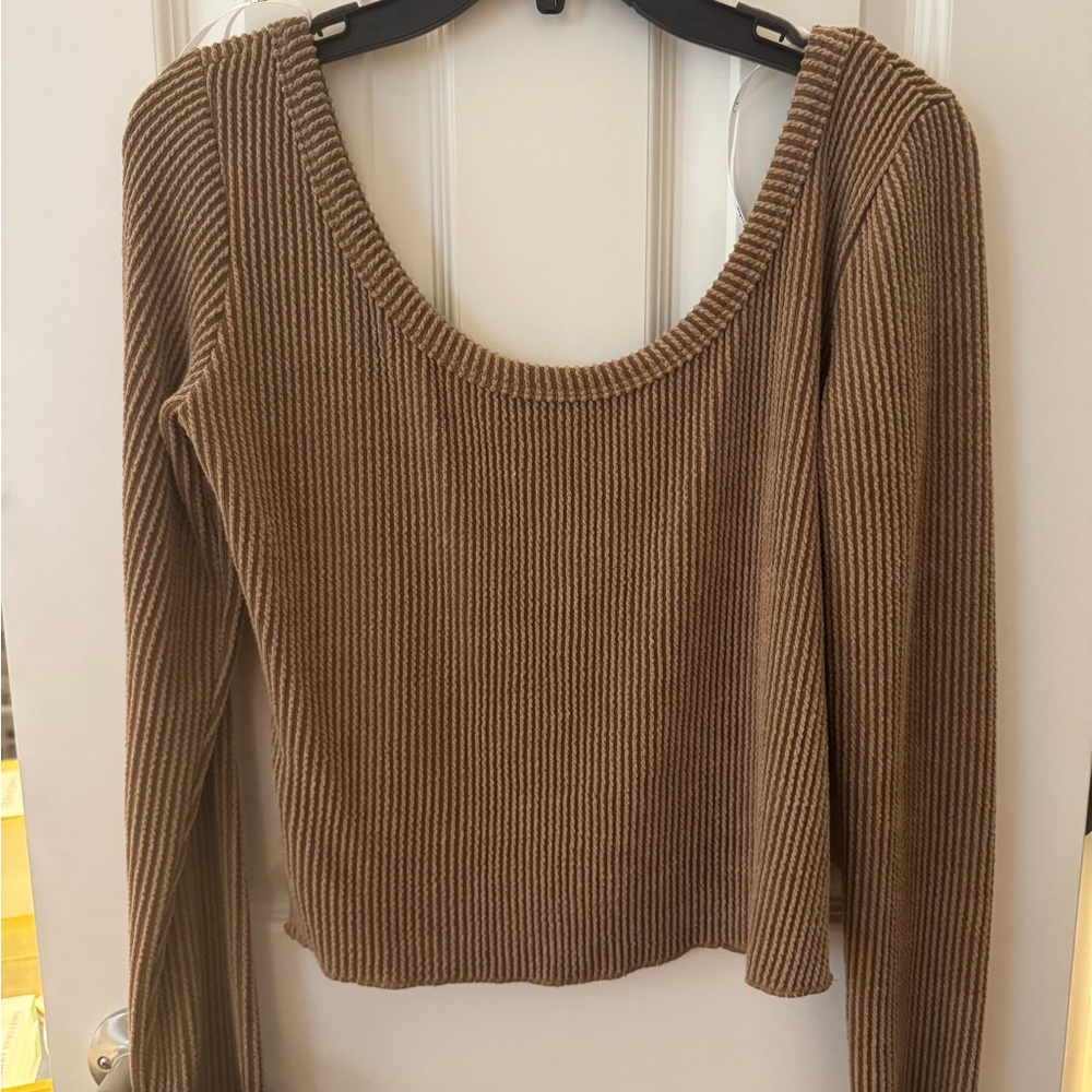 Brown Ribbed Long Sleeve Top